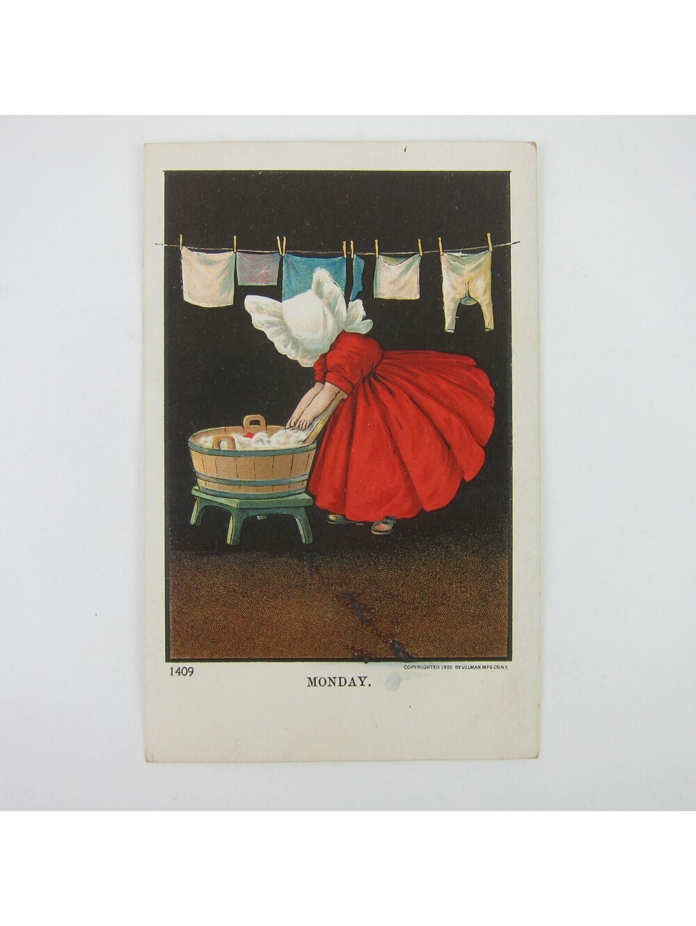 Postcard Sunbonnet Girls Red Dress Hang Laundry Days of Week Monday Antique 1905